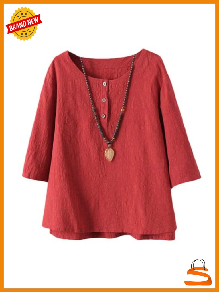 Cotton Linen 3/4 Sleeve Blouse With Button Detail